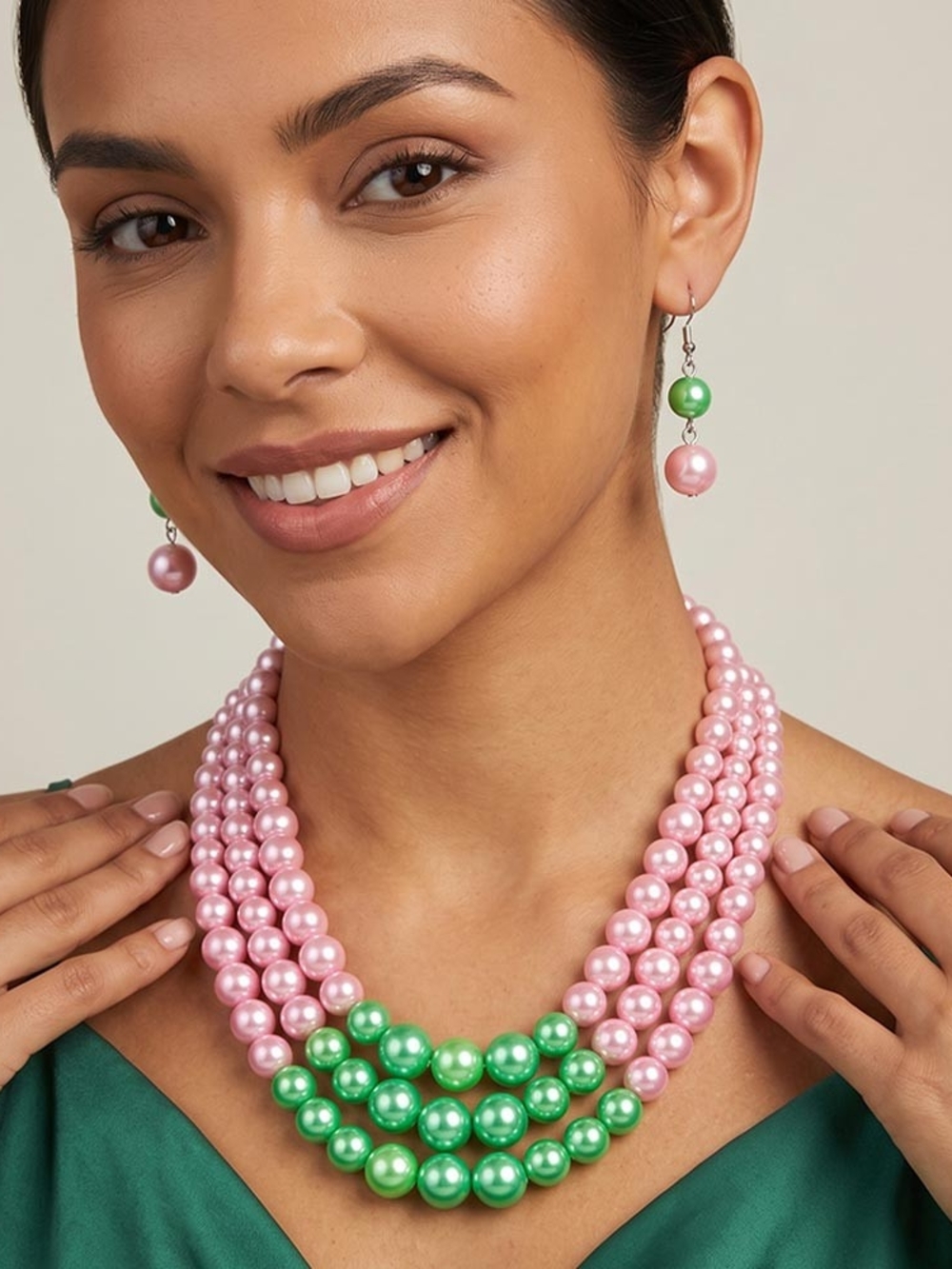 AKAlphaJewelry Pink and Green Pearl Multi-Strand Necklace with Matching Earrings